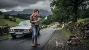 Photo réaliste d'une voyageuse frustrée sur une route humide en Béarn, symbolisant une escapade gâchée par un manque de préparation