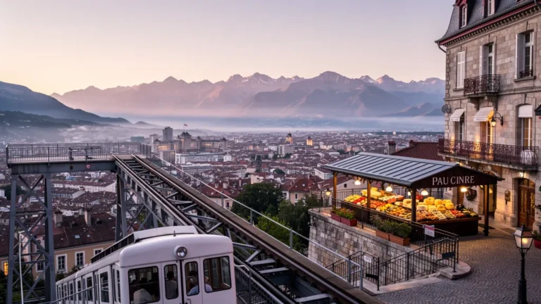 Le funiculaire de Pau pris à l'aube, la chaîne des Pyrénées d'un coup