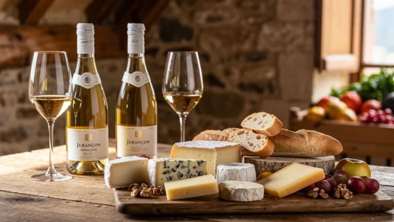 Trois Jurançon moelleux ouverts à l'aveugle sur un plateau de fromages